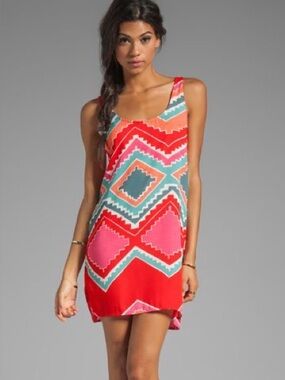 Revolve Eight Sixty Aztec Print Sleeveless Shift Dress in Red, Coral & Teal